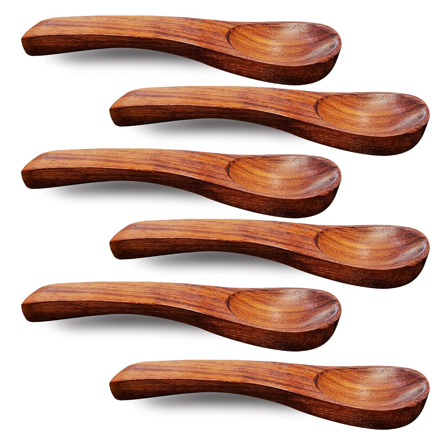 BHANSAZ Wooden Masala Spoon for Small Containers, Handmade Sheesham Wood Spoons for Tea, Coffee, Sugar, Condiments & Spices, 3.5 inches (Set of 6)